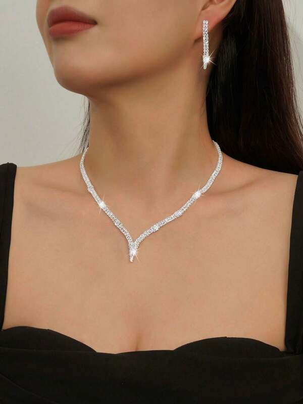 3pcs V-Shaped Fashionable Cubic Zirconia Jewelry Set Including Earrings & Necklace, Suitable For Women Wedding, Festival, Birthday, Party Wear