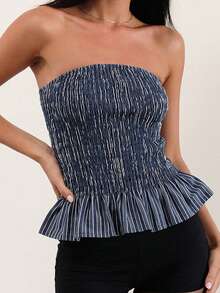 Women Smock Tube Tops Summer Vertical Stripe Print Ruffled Hem Bandeau Backless Shirts For Streetwear - 藍色 - 查看 2
