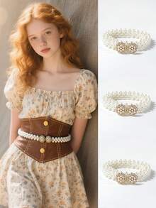 1 Girl's Flower Rhinestone Pearl Waist Corset - Beige - View 1