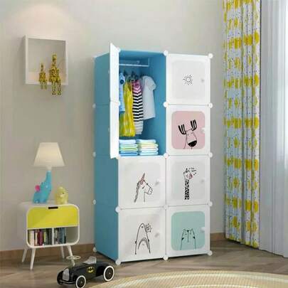 Armario de almacenamiento de dibujos animados simple y moderno, armario de plástico para dormitorio, 8 puertas, rosa y azul