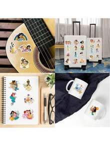 Disney 50张公主官方授权防水乙烯基贴纸，包括贝儿、茉莉、蒂安娜，卡通风格，适用于水瓶、笔记本电脑、保险杠、电脑、手机、头盔、汽车等，也可作为礼物或贴纸使用。 - 彩色 - 查看 12