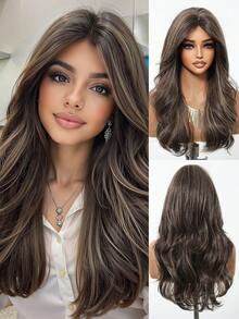 Tóc giả dài trung bình 22 inch màu nâu ombre, kiểu gợn sóng xoăn, có mái, được làm từ chất liệu tổng hợp chịu nhiệt, phù hợp cho nữ, phụ kiện thời trang, quà tặng ngày lễ, thích hợp cho sử dụng hàng ngày, dự tiệc hoặc du lịch nghỉ lễ. - Màu nâu highlight - Xem 2