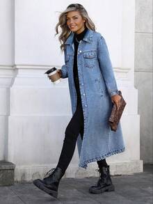 Teen Girl Casual Fashionable Elegant Academic Y2K Style Long Denim Jacket, Suitable For Spring And Autumn - Blue - View 4