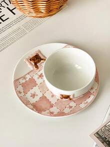 Cute Checkered Bear Covered Ceramic Dinnerware Set, Pink Girly Breakfast Bowl & Plate - Multicolor - View 8