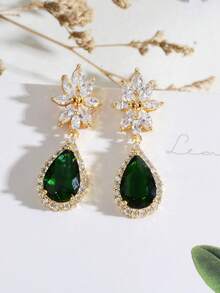 红宝石红方晶锆石新娘耳环 适合婚礼新娘伴娘优雅 14k 镀金泪珠水滴水晶莱茵石 CZ 簇花花卉吊坠耳环 适合女士女孩派对舞会情人节 - 紅色 - 查看 5