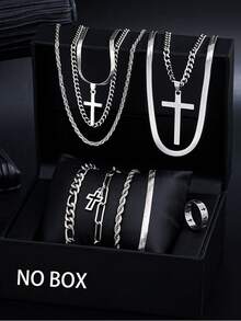 3-55 件男士休闲嘻哈不锈钢十字架多层项链首饰套装，不锈钢手链、戒指、皮革手链、方晶锆石耳环，适合日常佩戴、约会、生日、节日礼物（无盒） - 男士飾品 - 查看 17