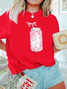 1 Pack Girls Casual Printed Crew Neck Short Sleeve T-Shirt Summer Student Youth Clothing - 紅色 - 查看 2