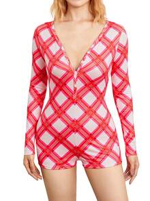 Women's Sexy Romper Shorts, Funny Print Long Sleeve Button Down Deep V Neck Bodysuit - Cuadrícula rosa - Ver 4