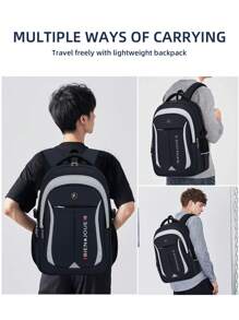 1 pieza Conjunto de mochila casual minimalista de color contrastante, mochila de estilo universitario de poliéster, bolsa de viaje ligera de gran capacidad, correa para el hombro ajustable, forro de poliéster, cierre con cremallera, diseño de múltiples bolsillos, adecuado para la escuela y actividades al aire libre, conjunto de mochila de viaje