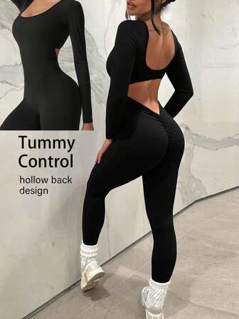 休闲时尚露背褶饰设计圆领长袖连体裤，秋季新品，女式连体裤，女式秋装