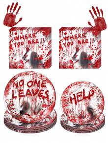 30pcs Halloween Bloody Rave Party Table Runner Set Tableware Set:Includes 10 Halloween Napkins, 10 9-Inch Plates And 10 7-Inch Plates For Halloween Zombie Skeleton Bloody Party Table Decorations - Halloween Party Decorations