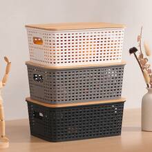 6-Piece Plastic Storage Basket With Bamboo Lid, Stackable Storage Basket Storage Box, Suitable For Home, Office, Game Room, Dormitory - Storage Solution - màu đen - Xem 4