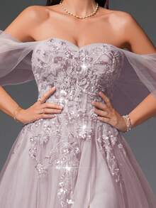 VIPGIRL 粉色露肩薄纱贴花舞会礼服，甜心A字开衩正式晚礼服，女士公主舞会礼服，适合毕业典礼、庆典、婚礼宾客 - 藕粉色 - 查看 10