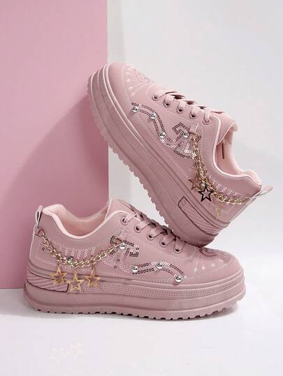 1 Pair Women's Pink Thick Sole Round Toe Cute Comfortable Casual Sneakers, Embroidered Faux Pearl Chain Decor, Size 36-41 (Run Small)