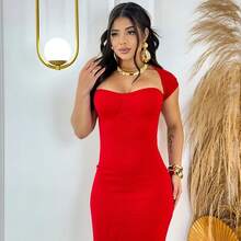 Vestido Feminino Midi Evangélico Manga Curta Anarruga Canelado Longo Liso Elegante Madrinha Casamento Civil - Vermelho - Visão 4