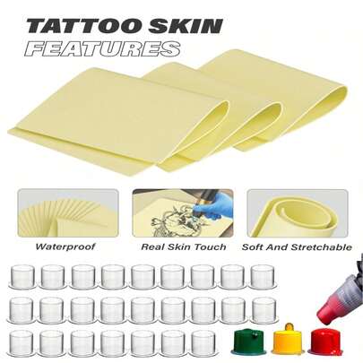 yikexuanli 100pcs Ink Cups And 5pcs Fake Skin Tattoo Practice Skin With Tattoo Ink Caps Kit, Suitable For Tattoo Artists And Practitioners, Tattoo Supplies