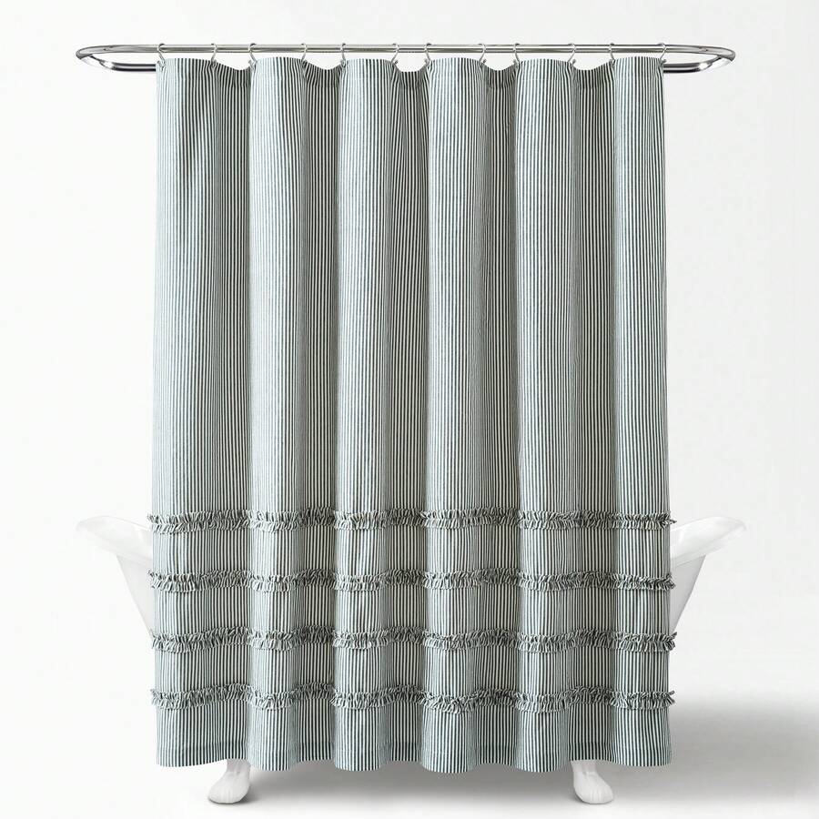 LUSH DECOR Vintage Stripe Yarn Dyed Cotton Blend Shower Curtain Black Single 72x72 Halloween-Fall Decor-Room Decor - Denim Blue - 查看 1