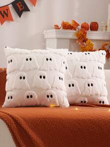 Halloween Decorative Throw Pillow Cover, Ghost Design, Suitable For Thanksgiving, Harvest Season, Living Room, Bedroom, Party, Plush Quilted Embroidery,Fall Decor,Autumn Decor,Room Decor - Black - View 9