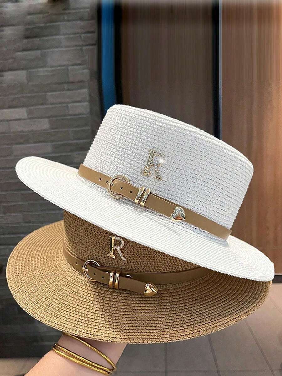 Boho 1 szt. Damski, modny i uroczy słomkowy kapelusz ze skórzaną klamrą, odpowiedni na wakacje na plaży, do codziennego użytku i z ochroną przeciwsłoneczną. Kapelusz kowbojski na Walentynki