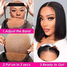 Easy-To-Wear Glueless Bob Wig - 200% Density Human Hair With Pre-Plucked 4x4 HD Lace Closure Front Wigs, Straight Cut For Beginners, Women's Sleek Black Bob Style, Short Hair Wig - Natural Black - 查看 6