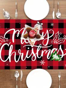 1pc 35*180cm/13.78*70.87inch Christmas Decorative Table Runner, Red & Black Plaid Santa Claus & Christmas Tree Gift Pattern, Suitable For Home Dining Table, Coffee Table, Party Decor, Holiday Gift Essential Textile Decoration - Multicolor - View 4