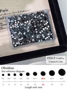 1440颗黑色实心圆形扁平水钻套装 - 高级水晶装饰，3D美甲，人偶美甲装饰，美甲，1440颗套装