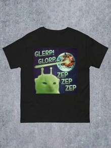 Manfinity Dauomo Camiseta estándar para hombre con estampado de meme de gato alienígena divertido "Glerp Glorp" - Negro - Ver 5