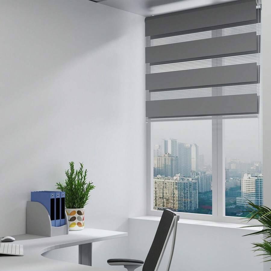 LILIIN Double Roller Blind Klemmfix Without Drilling, W120 X H150 Cm, Black/Grey/White, Duo Roller Blinds For Windows, Clamp Roller Blind Window Blind Translucent & Blackout For Office Living Room Kitchen Bathroom - 灰色 - 查看 1