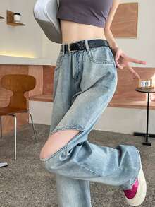 Women' Y2K Ripped Jeans Casual Straight-Leg Baggy Wide-Leg Hollow-Out Design Fashion Denim Pants Street Style Harajuku Clothing