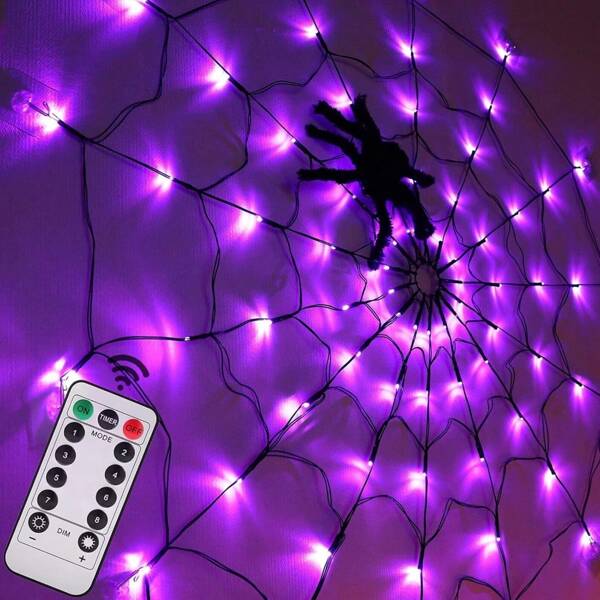 4 pies 70 luces LED de telaraña negra, luces de telaraña impermeables con control remoto, 8 modos, decoraciones de Halloween para interiores, jardín, exteriores (morado, naranja)