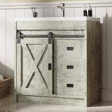 31" Farmhouse Bathroom Vanity With Sink Combo, Freestanding Cabinet With 2 Drawers & Sliding Barn Door, Small Bathroom Storage, White/Grey/Dark Grey/Dark Oak - 灰色 - 查看 1