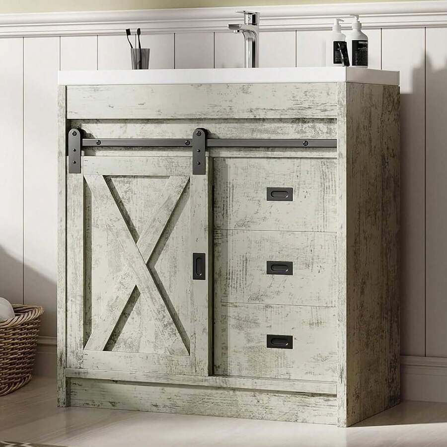 31" Farmhouse Bathroom Vanity With Sink Combo, Freestanding Cabinet With 2 Drawers & Sliding Barn Door, Small Bathroom Storage, White/Grey/Dark Grey/Dark Oak - 灰色 - 查看 1