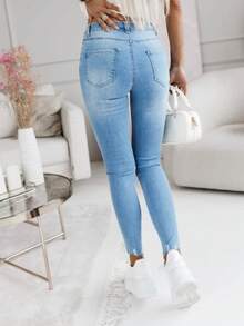 女士長褲牛仔褲skinny 帶彈性 口袋 舒適 牛仔褲 排紐簡約日常穿搭 - 淺藍色 - 查看 2