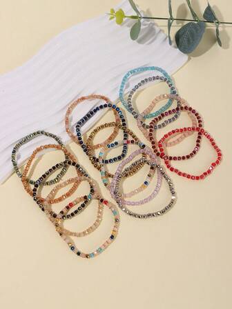 Set de 16 piezas Pulsera elástica con cuentas facetadas y coloridas para mujeres, color aleatorio enviado