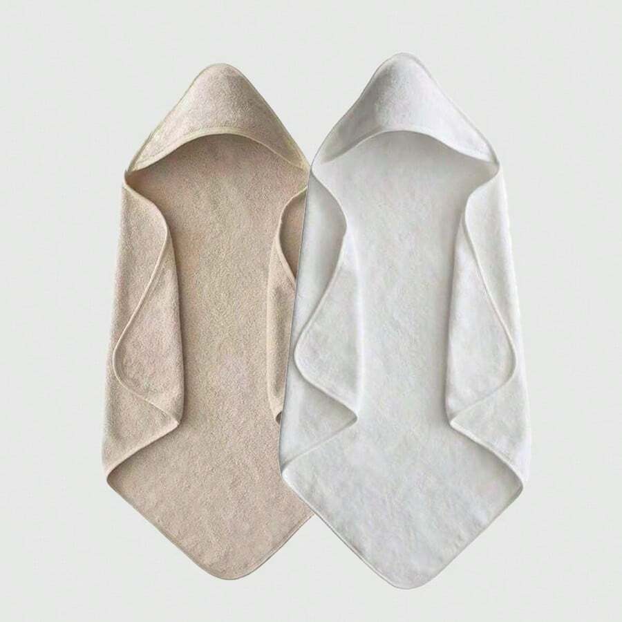 2pcs Baby Hooded Bath Towel, Super Soft Coral Fleece Absorbent Children's Solid Color Bathrobe, Newborn Baby Autumn/Winter Bath Cloak Robe, Machine Washable - Perfect Gift For Baby Shower - Brown+White - View 1