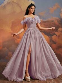 VIPGIRL Đầm dạ hội màu tím oải hương trễ vai, chất liệu voan mỏng, họa tiết hoa 3D, cổ tim, dáng chữ A, xẻ cao, phù hợp cho thanh thiếu niên, phụ nữ, phù dâu, các cuộc thi sắc đẹp, dạ tiệc, khách dự đám cưới. - Bụi hồng - Xem 9