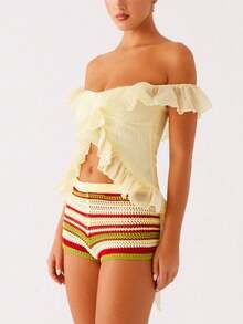 Women Y2k Frill Trim Off Shoulder Top Low Cut Sleeveless Irregular Ruffle Tassel  Showing Navel Cami Shirt Summer Going Out Tank Crop Top Party Club Streetwear - 黃色 - 查看 3