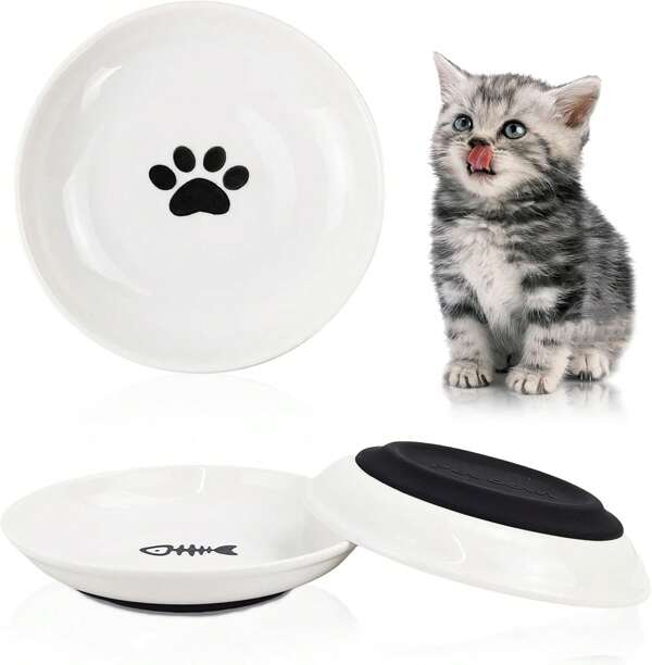 3Pcs Cat Food Bowls, Ceramic Cat Food Bowls With Nonslip Silicone Bottom, Anti Whisker Fatigue Cat Plates For Indoor Cats, Ceramic Pet Bowl With Wide Shallow Kitten Dishes For Dry And Wet Food,10153463