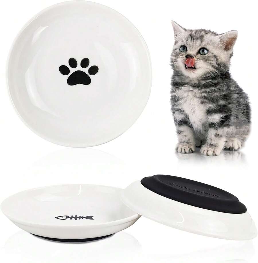 3Pcs Cat Food Bowls, Ceramic Cat Food Bowls With Nonslip Silicone Bottom, Anti Whisker Fatigue Cat Plates For Indoor Cats, Ceramic Pet Bowl With Wide Shallow Kitten Dishes For Dry And Wet Food,10153463