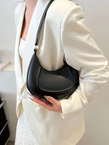 1pc Zipper Closure PU Solid Color Crescent Underarm Bag, Fashion Retro Shoulder Bag For Office/Work, Versatile For Women Daily Use - Black - View 6