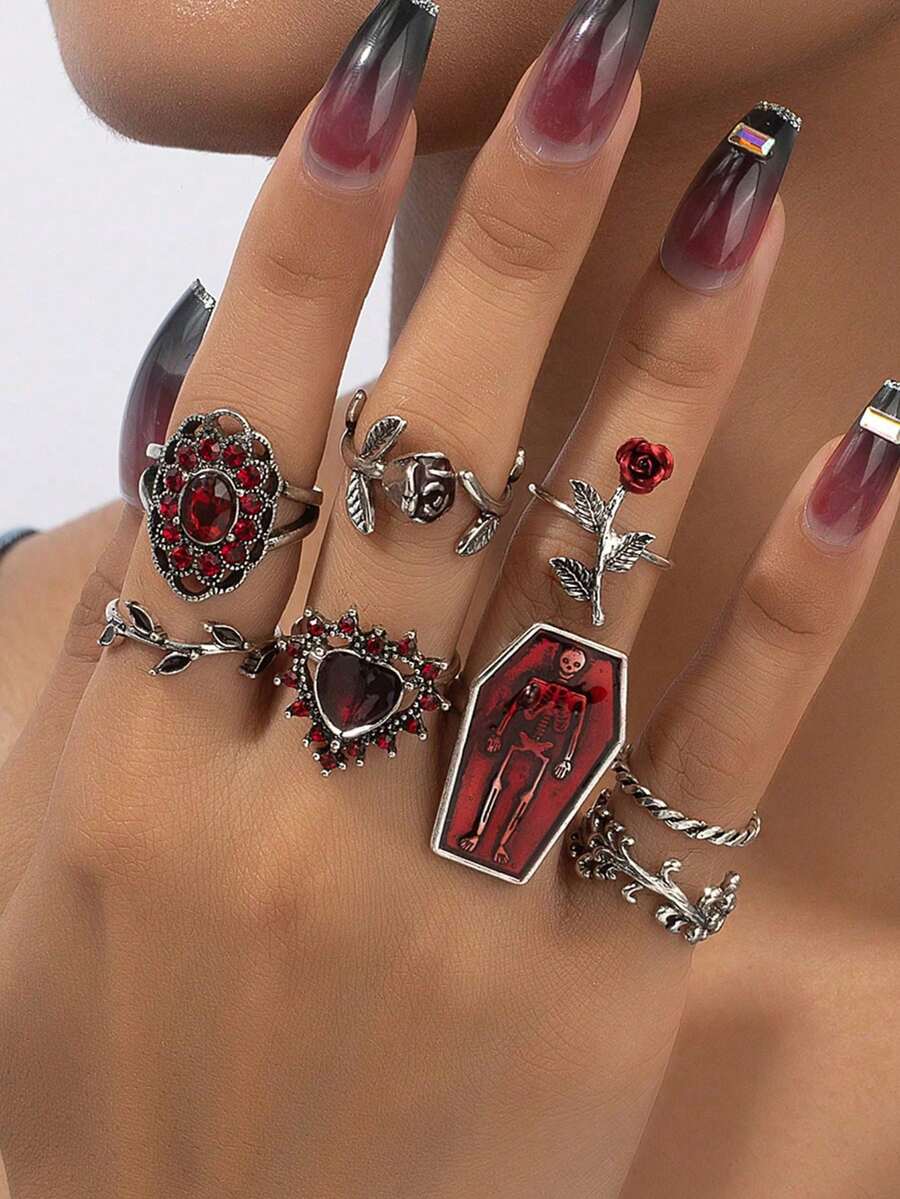 Set de 8 anillos apilables de estilo gótico victoriano vintage con rosas plateadas, para mujeres - Multicolor - Ver 1