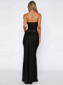 一件装女士优雅性感蕾丝拼接鱼尾连衣裙，适合商务场合、晚宴、婚礼、毕业派对、生日派对、新年夜、情人节约会、聚会等黑色夏季穿着 - 黑色 - 查看 9