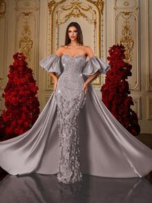 Olive Green 3D Petal Beaded Strapless Satin Mermaid Style Luxurious Palace Style Evening Gown For Wedding Party - Purple - View 10