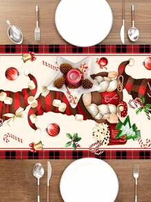 1 pieza 35*180cm/13.78*70.87 pulgadas Camino de mesa de poliéster con tema de gnomo de chocolate caliente, patrón de gnomo a cuadros rojos, cubierta de mesa de comedor navideña para fiesta festiva, decoración de mesa de cocina de Año Nuevo