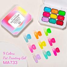 MEET ACROSS 9 Colors Nail Polish Set With 3 Painting Brushes, 8 Sponge Blocks, Neon Gradient Dip Powder, Suitable For Tie Dye Nails, Nail Art Design And Nail Salons - 彩色 - 查看 5