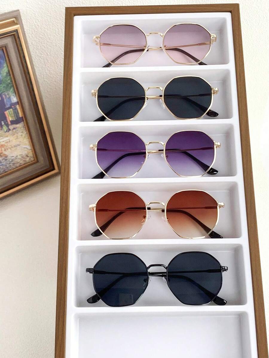 5pcs Polygonal Women's Fashion Glasses, Suitable For Daily Wear Geometric Shape Shades - 5PC Medium Box Fashion Gray Powder Gold Gray Double Gray Tea Black - View 1
