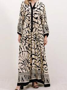 Women's Solid Color Tassel Tie-Front Lantern Sleeve Ruffle Hem Elegant Dress - Beige - View 2