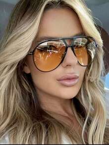 1pc Vintage Oversized Double Bridge Frame Glasses, Versatile For Women, Summer Beach, Outdoor, Travel - 橘色 - 查看 1