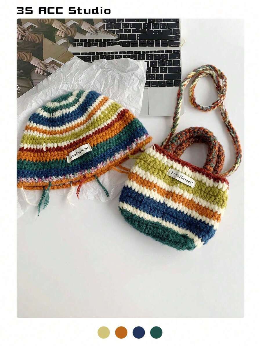 1 套手工钩针字母补丁蝴蝶结、彩虹条纹针织帽 + 小袋套装、Y2K 复古彩虹钩针渔夫帽、女士独特迷你渔夫帽