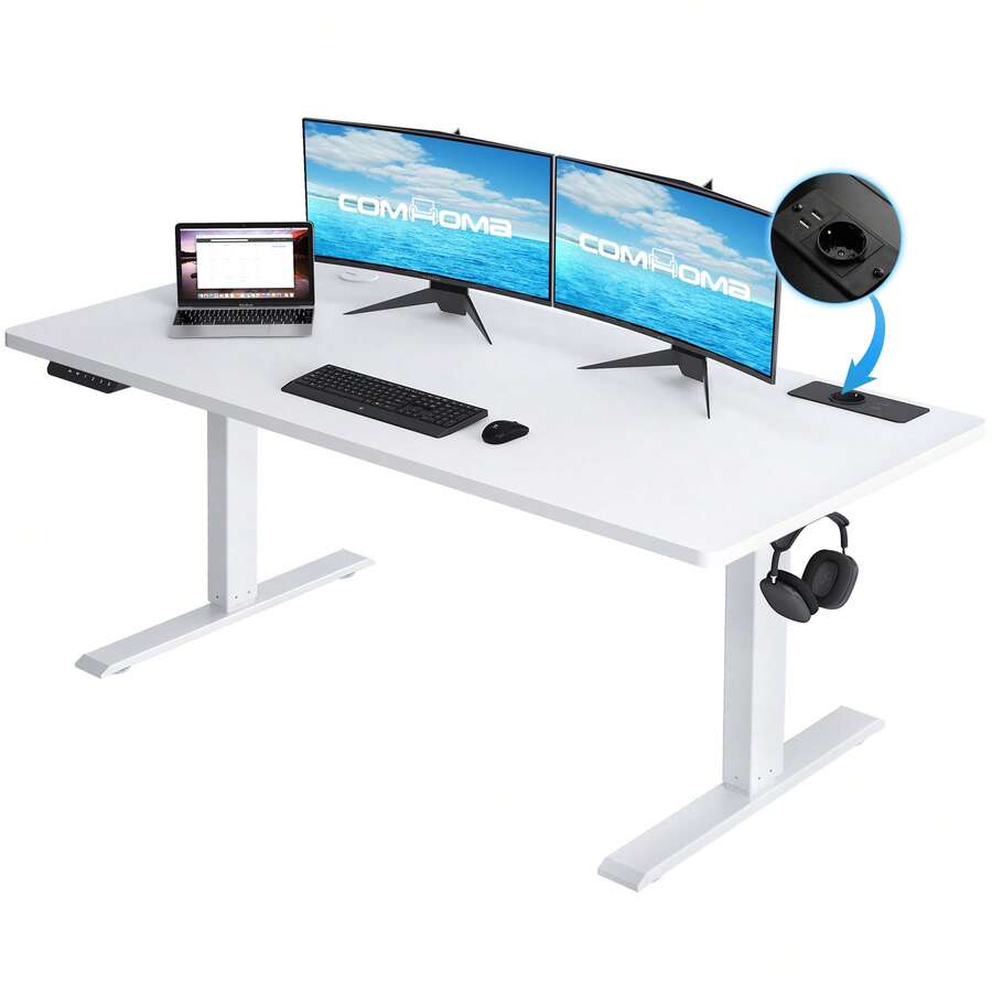 Höhenverstellbarer Schreibtisch 160x70 cm mit USB-Buchse und Haken, Elektrisch Verstellbarer Computertisch, Steh-Sitztisch Stehpult Stehschreibtisch Weiß